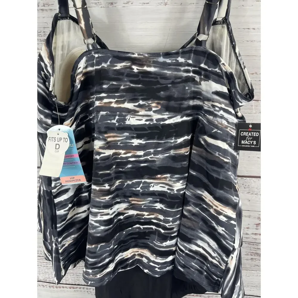 Swim Solutions Size 22W Triple Tier Coastal Plates Black Tummy Control One-Piece - Picture 5 of 12